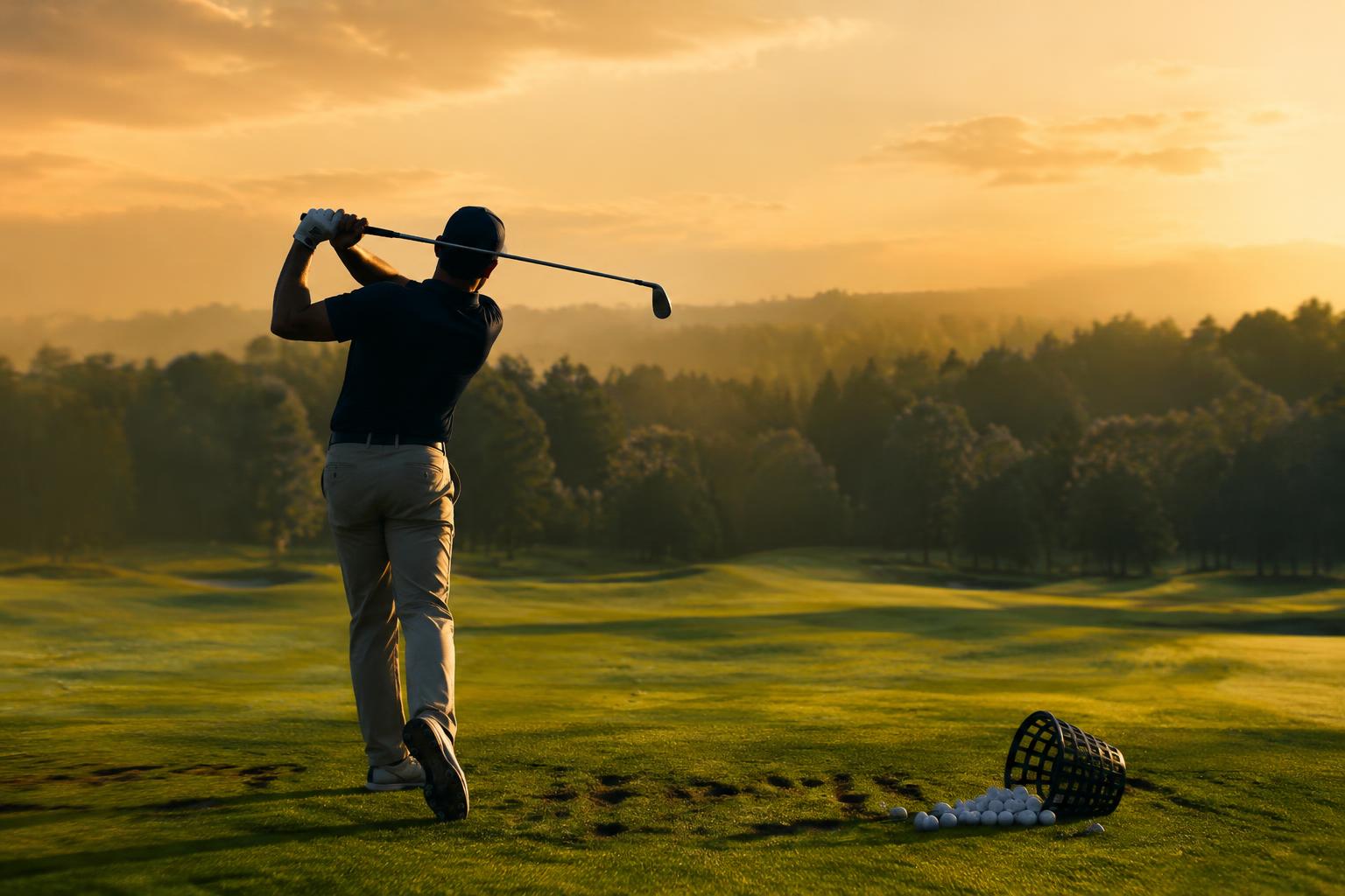 Golfer finishing a swing at sunrise